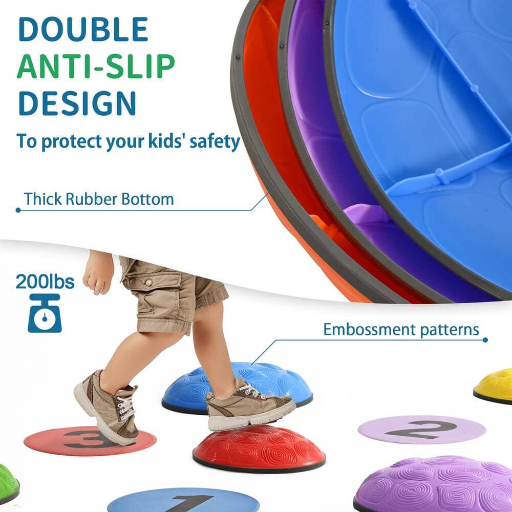 Colorful balance disks with a child stepping on one, highlighting anti-slip design and thick rubber bottom.