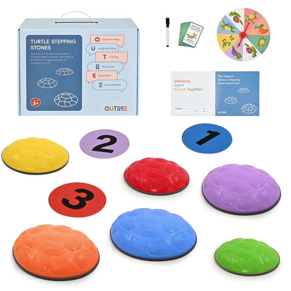 Colorful stepping stones with numbers and a box labeled 'Turtle Stepping Stones' on a white background.