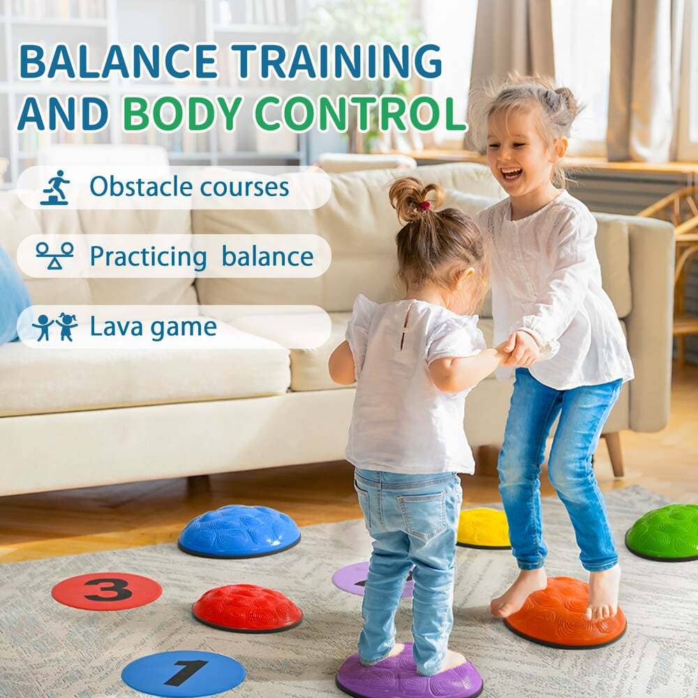 Two children playing balance training game on colorful platforms in a living room.