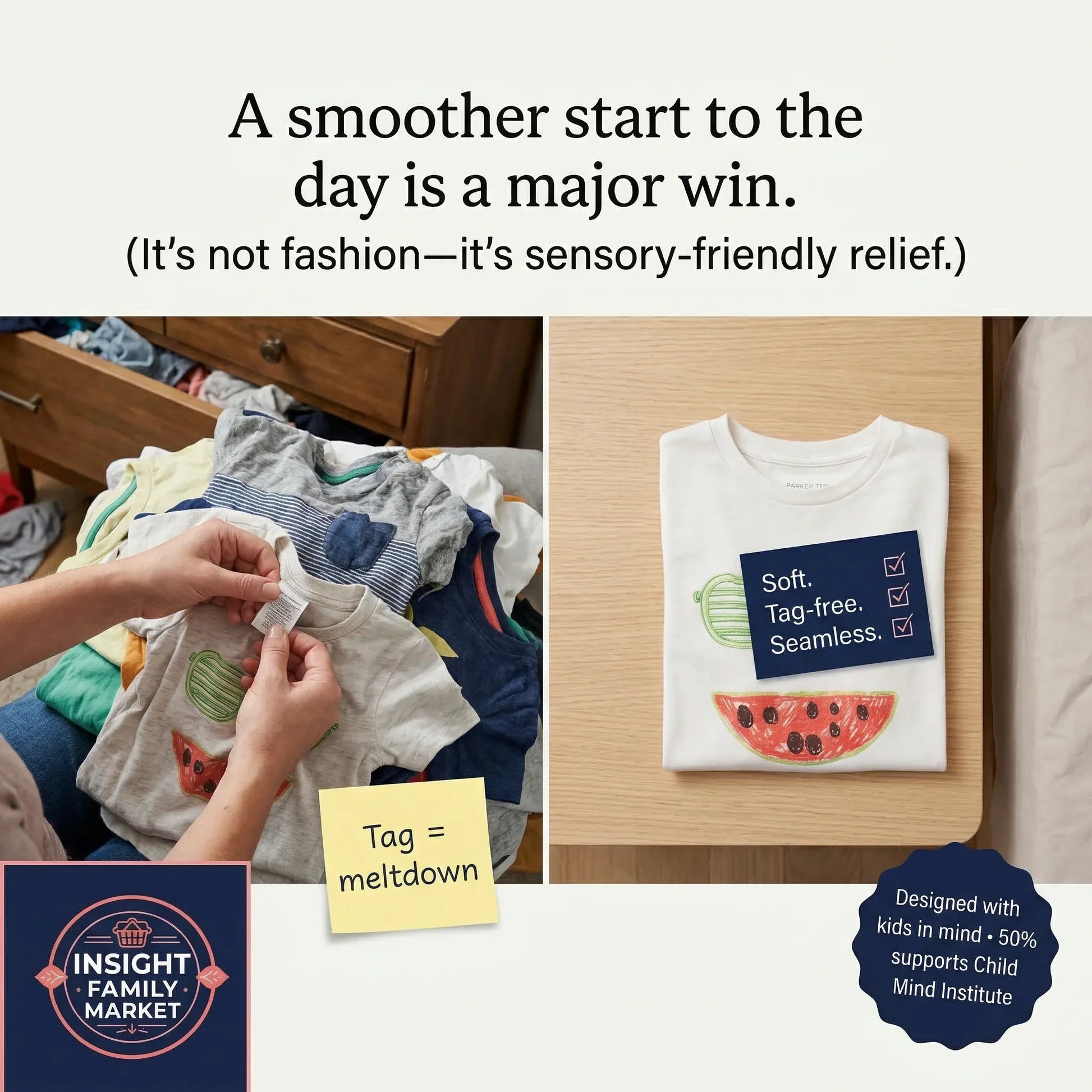 Collage of a child's clothing with a focus on tag-free shirts, featuring text about sensory-friendly relief.
