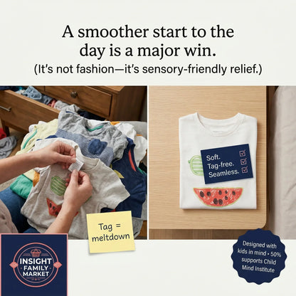 Collage of a child's clothing with a focus on tag-free shirts, featuring text about sensory-friendly relief.
