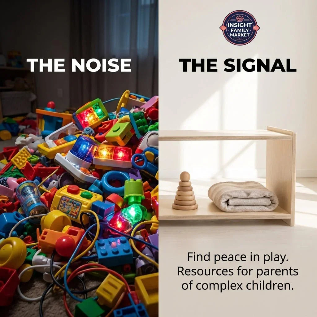 Split image showing chaotic pile of colorful toys labeled 'The Noise' and a calm minimal shelf with wooden sensory toys and a blanket labeled 'The Signal,' highlighting ADHD, autism, sensory-friendly play resources.
