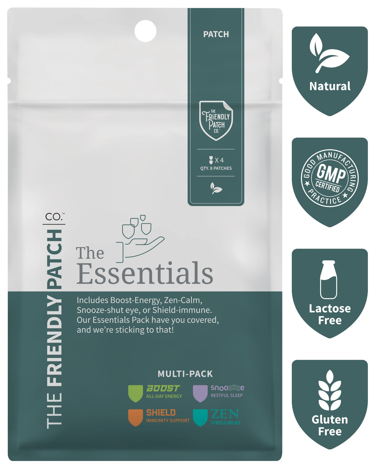 Package of 'The Friendly Patch' Essentials multi-pack with certification logos on a white background.