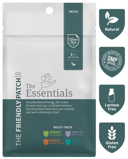 Package of 'The Friendly Patch' Essentials multi-pack with certification logos on a white background.