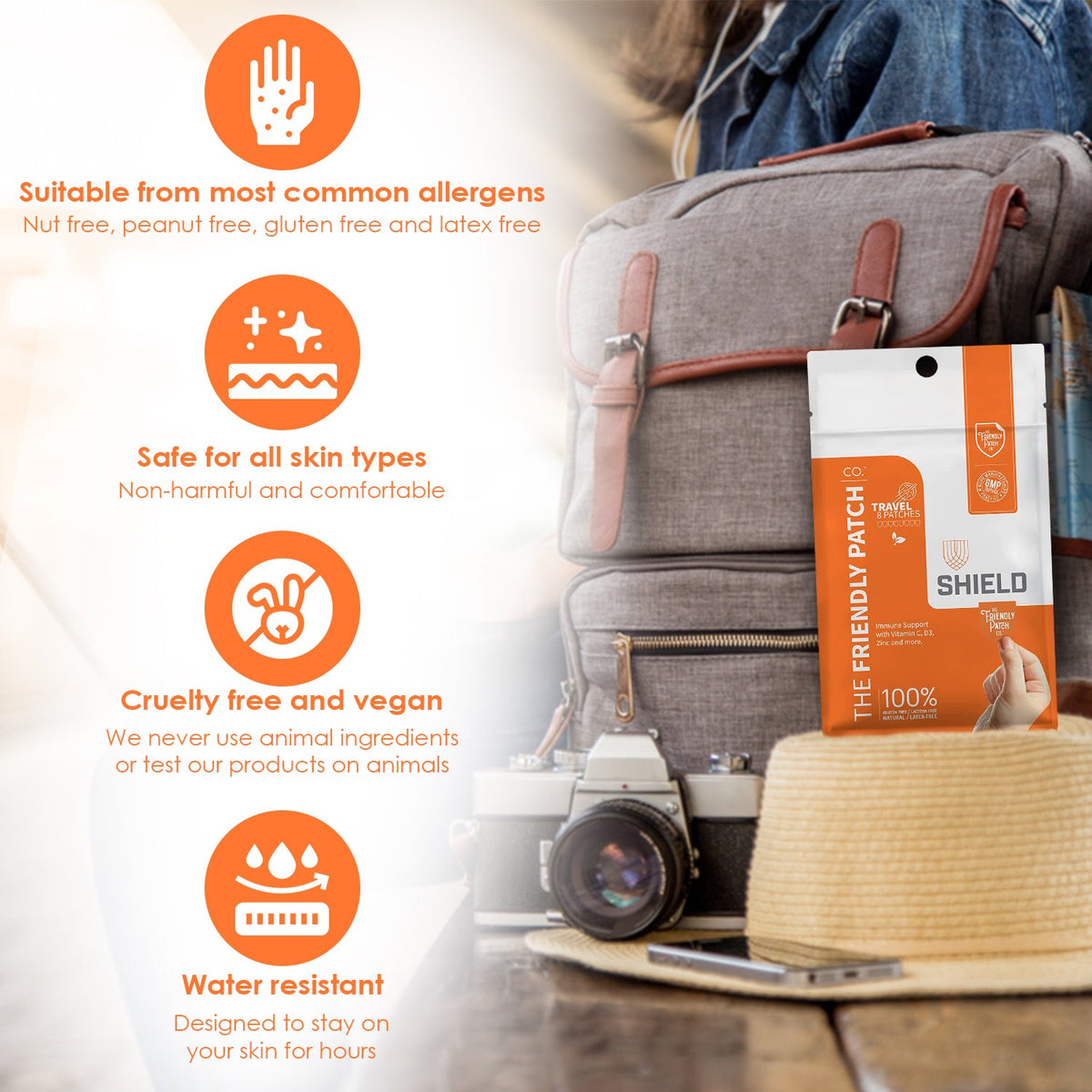 Product packaging with features listed and a blurred background of a person with a backpack and camera.