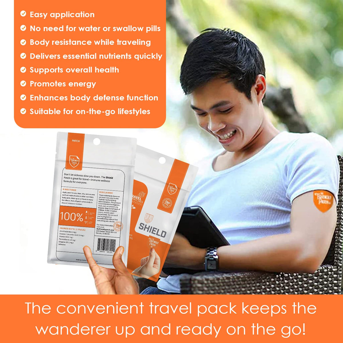 Man holding a supplement package with text about its benefits and suitability for on-the-go lifestyles.