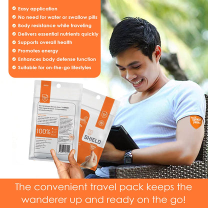 Man holding a supplement package with text about its benefits and suitability for on-the-go lifestyles.