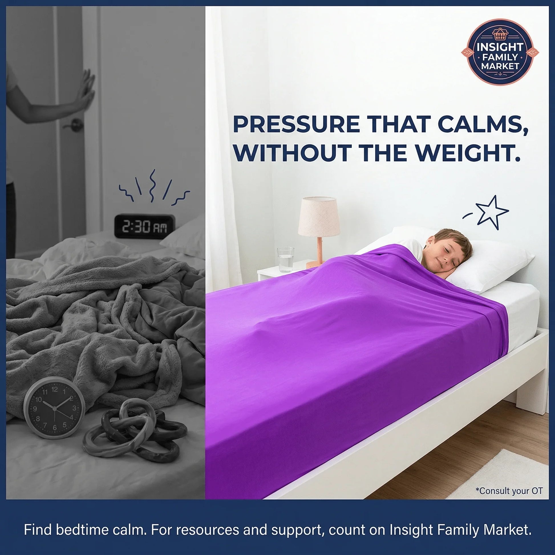 Child smiling under purple sensory compression blanket in a bright bedroom, calming sleep support