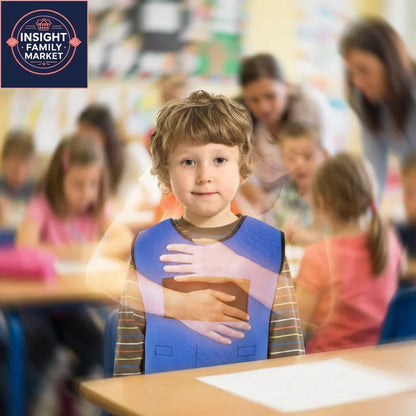 Young child in a sensory compression vest with hug graphic, sitting in a classroom