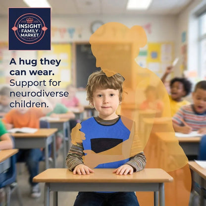 Young child in sensory compression vest at desk in classroom, with comforting hug graphic overlay.