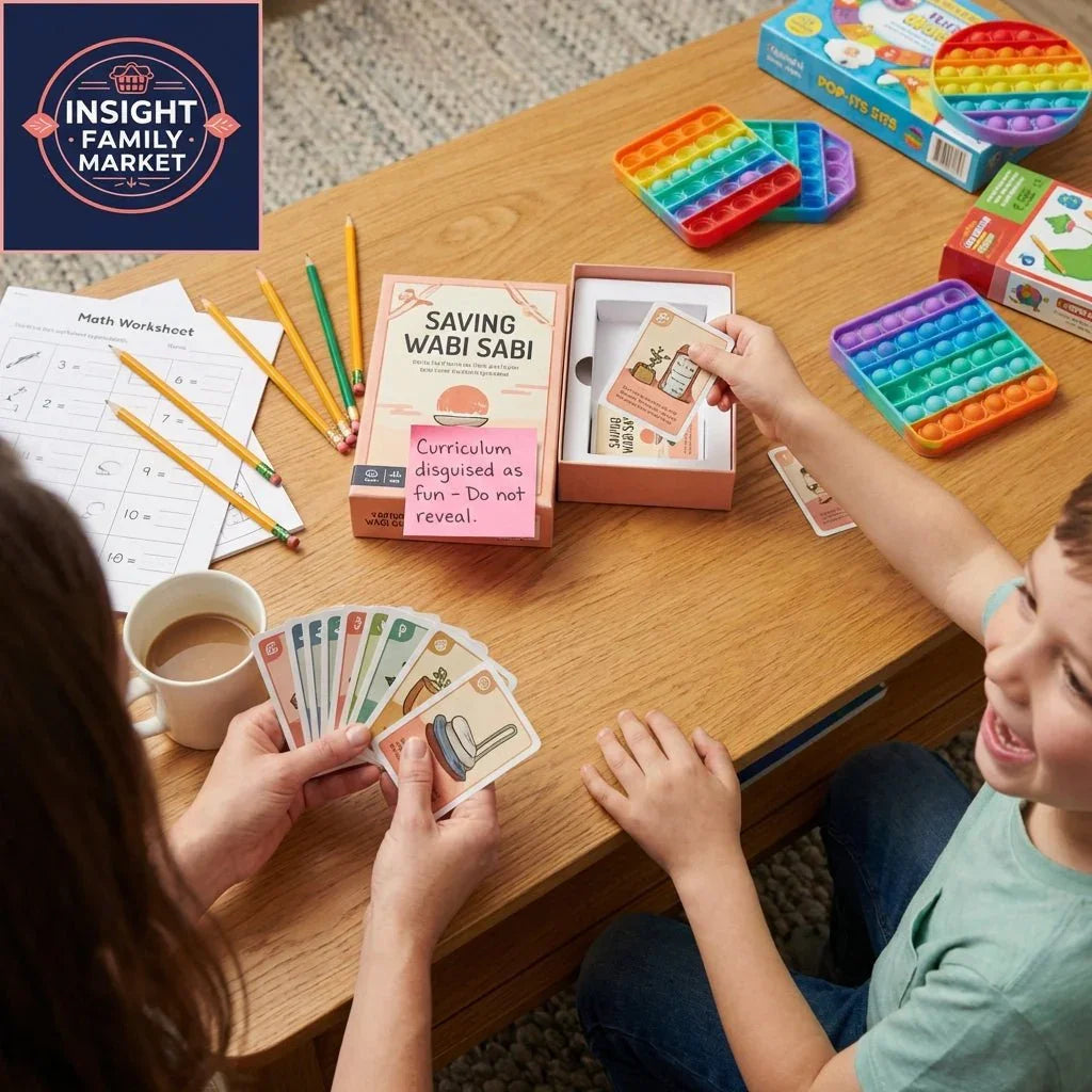 Child and adult playing an educational card game with sensory toys and math worksheet on table.