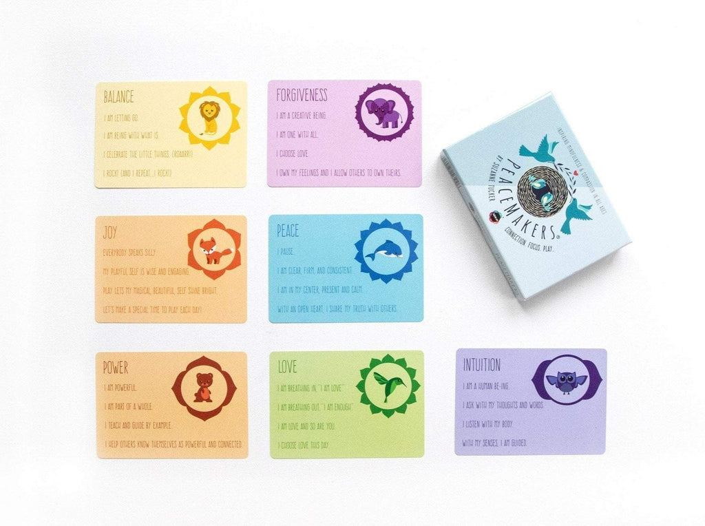 Set of colorful cards with symbols and text on a white background
