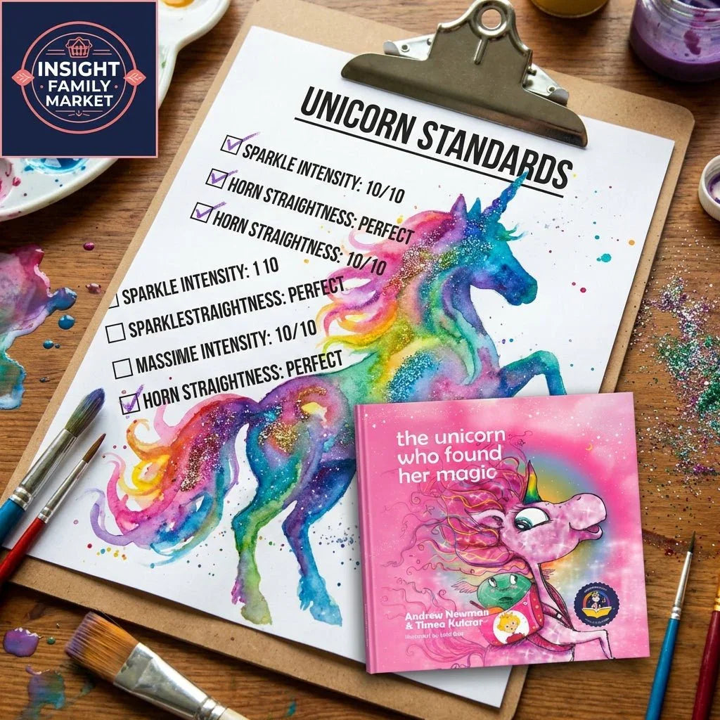 Colorful unicorn checklist, sparkly watercolor art, and 'The Unicorn Who Found Her Magic' book.