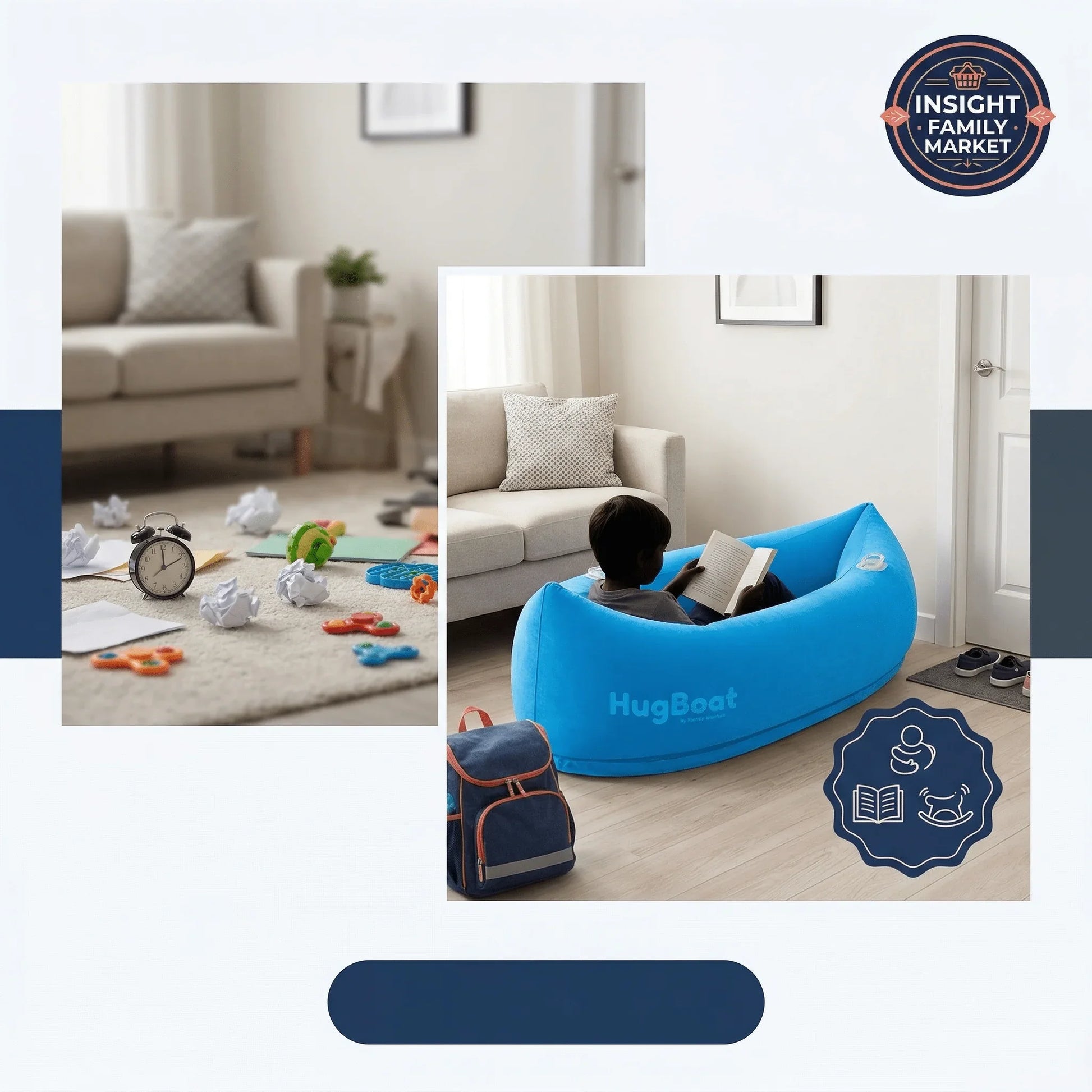 Before and after: messy living room and relaxed child reading in sensory HugBoat lounger