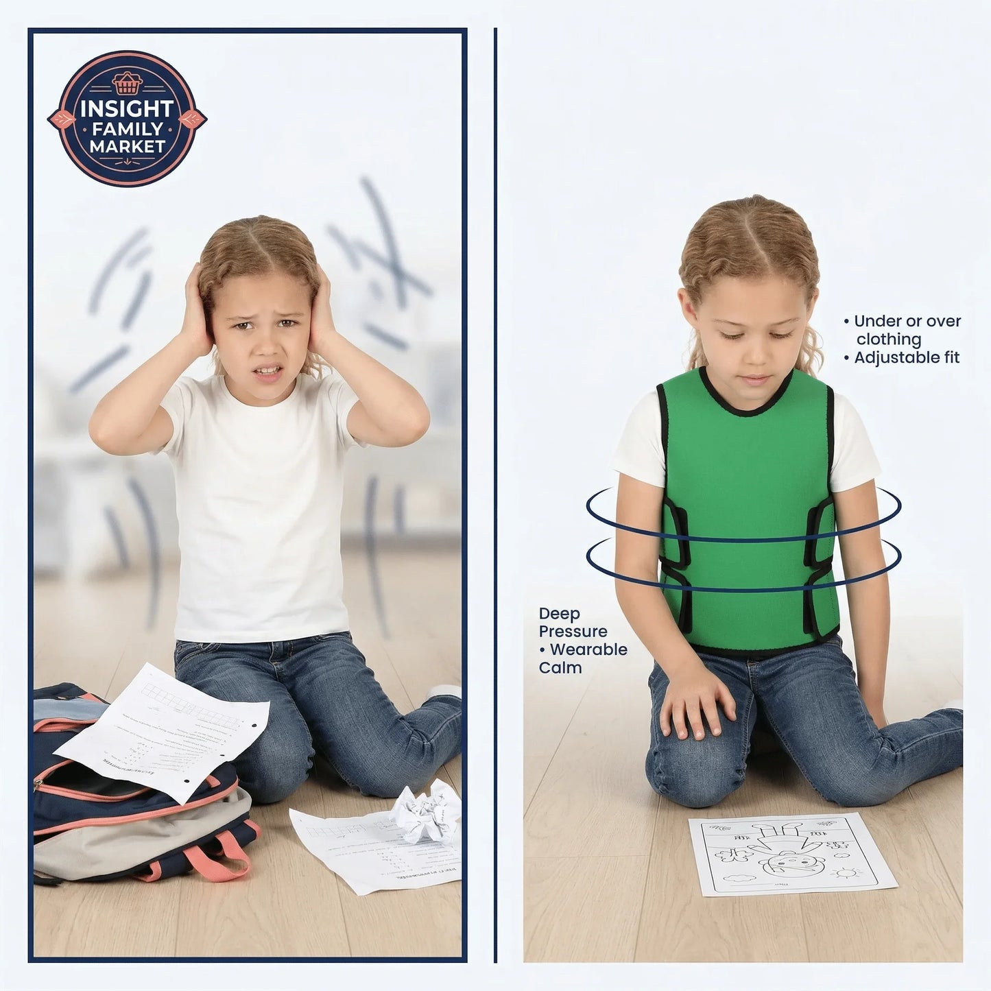 Before and after image of child at home, first looking stressed, then calm wearing sensory compression vest for deep pressure support.