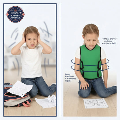 Before and after image of child at home, first looking stressed, then calm wearing sensory compression vest for deep pressure support.