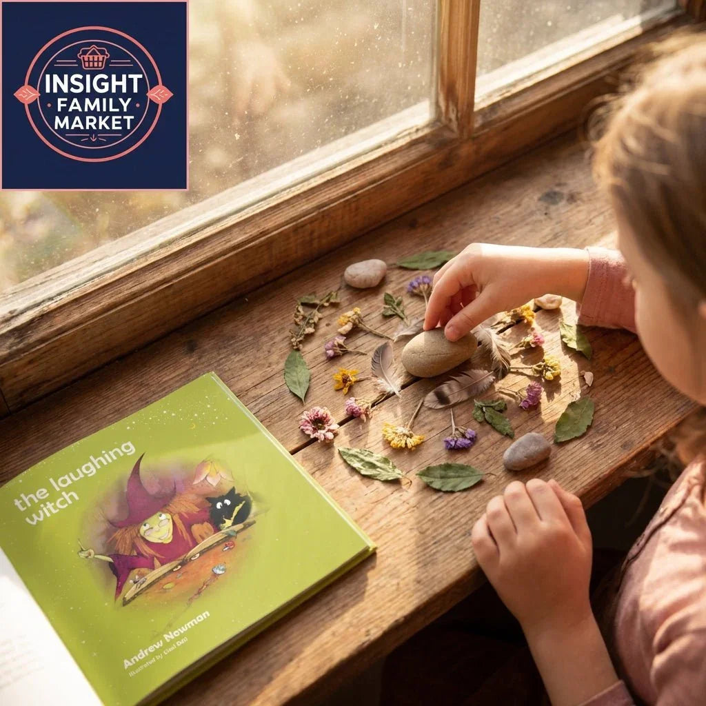 Child arranging sensory nature items on a windowsill beside a children's mindfulness book