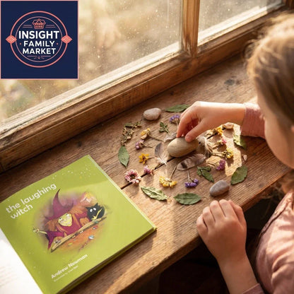 Child arranging sensory nature items on a windowsill beside a children's mindfulness book