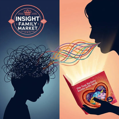 Illustration of adult reading colorful book to child, transforming tangled thoughts into connection, autism ADHD support
