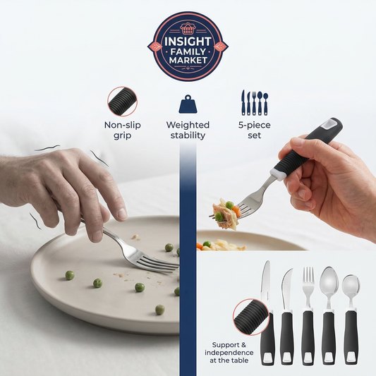 Fork and knife set with features highlighted, including non-slip grip and weighted stability, on a white background.