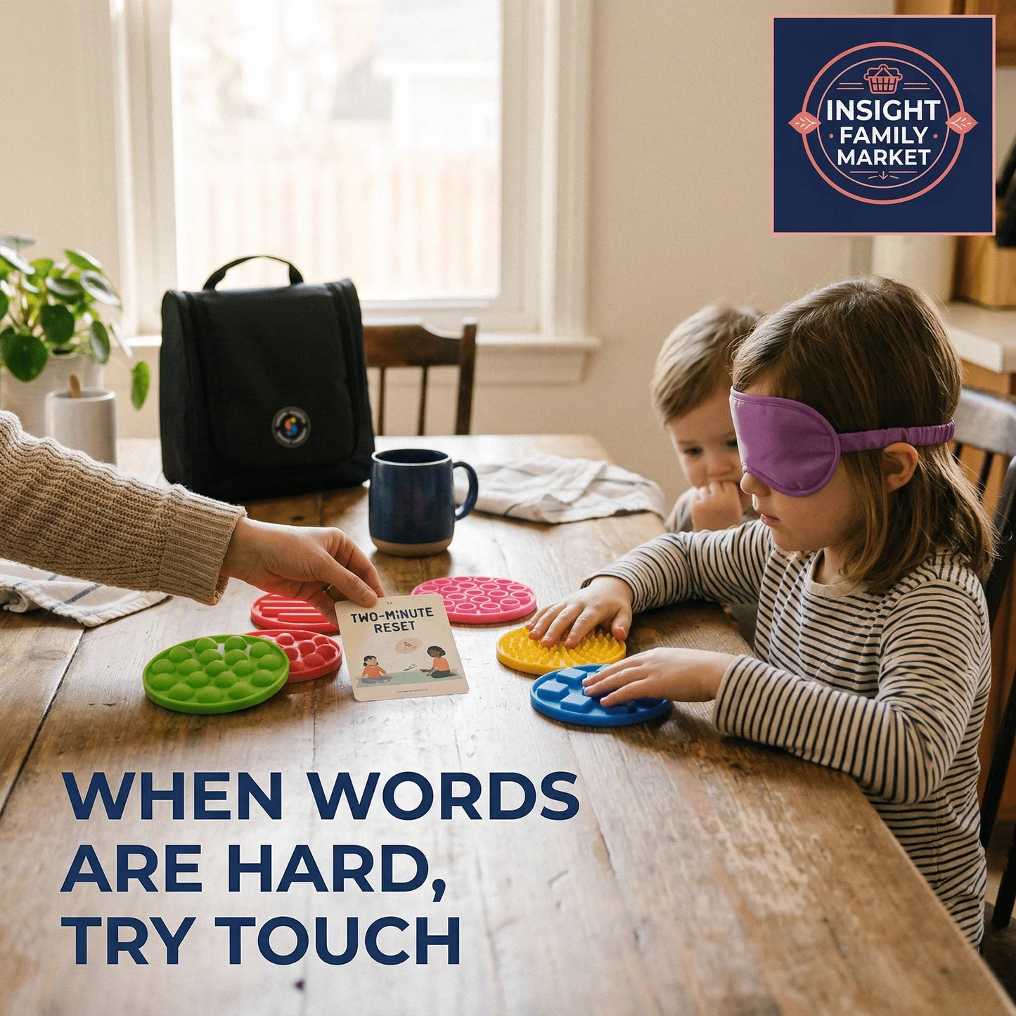 Children using sensory fidget toys and blindfold for calm, hands-on sensory reset activity.