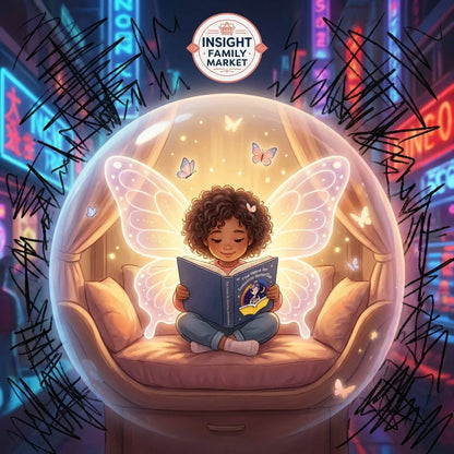 Child with butterfly wings reading a book in a sensory-friendly bubble, city lights in background