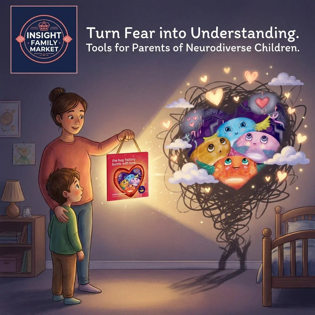 Mother and child using emotional learning book, colorful heart characters transform dark scribbles in child's bedroom, neurodiversity support