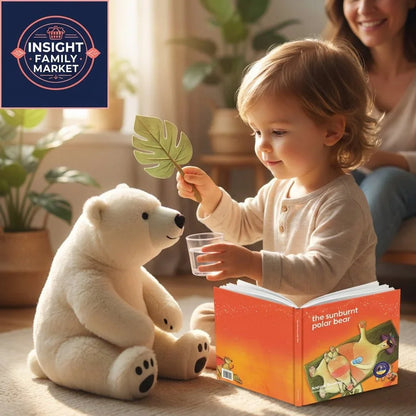 Young child reading The Sunburnt Polar Bear picture book to plush polar bear in cozy, sensory-friendly room