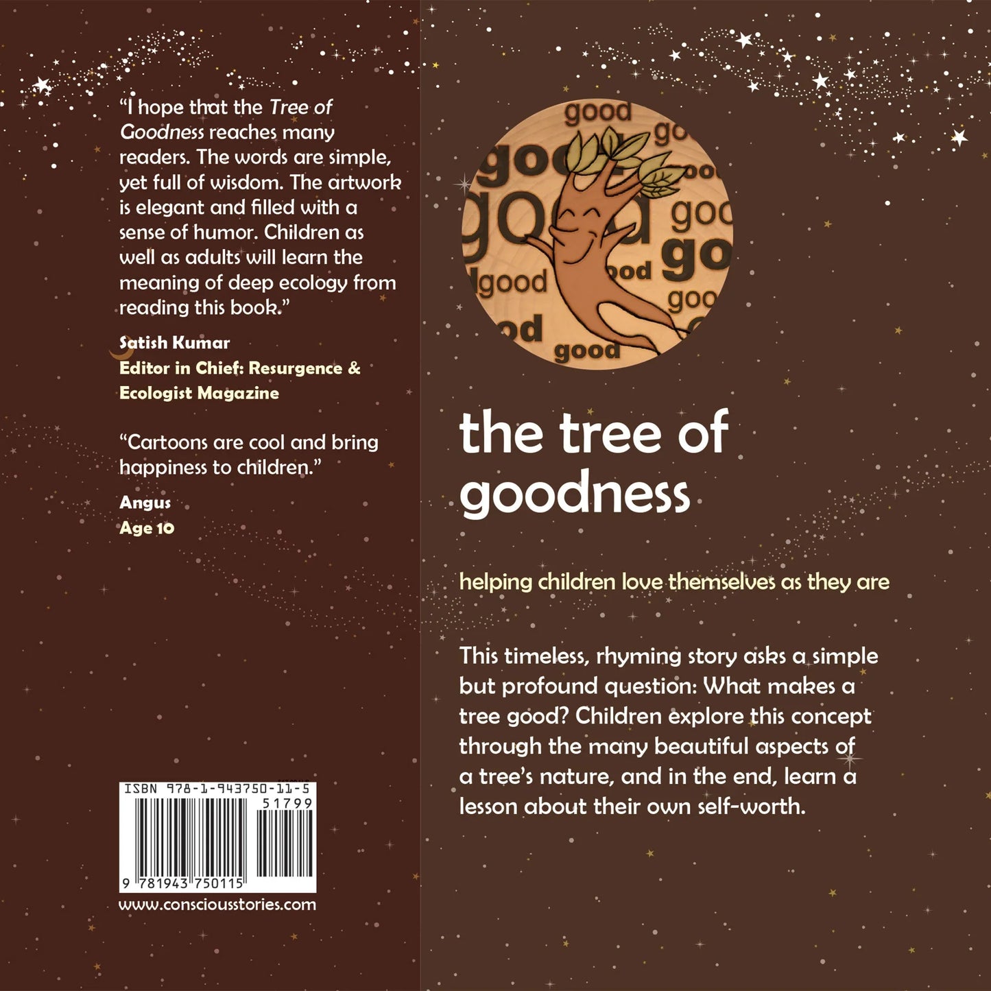Back cover of 'The Tree of Goodness' children's book with illustrated tree and starry background.