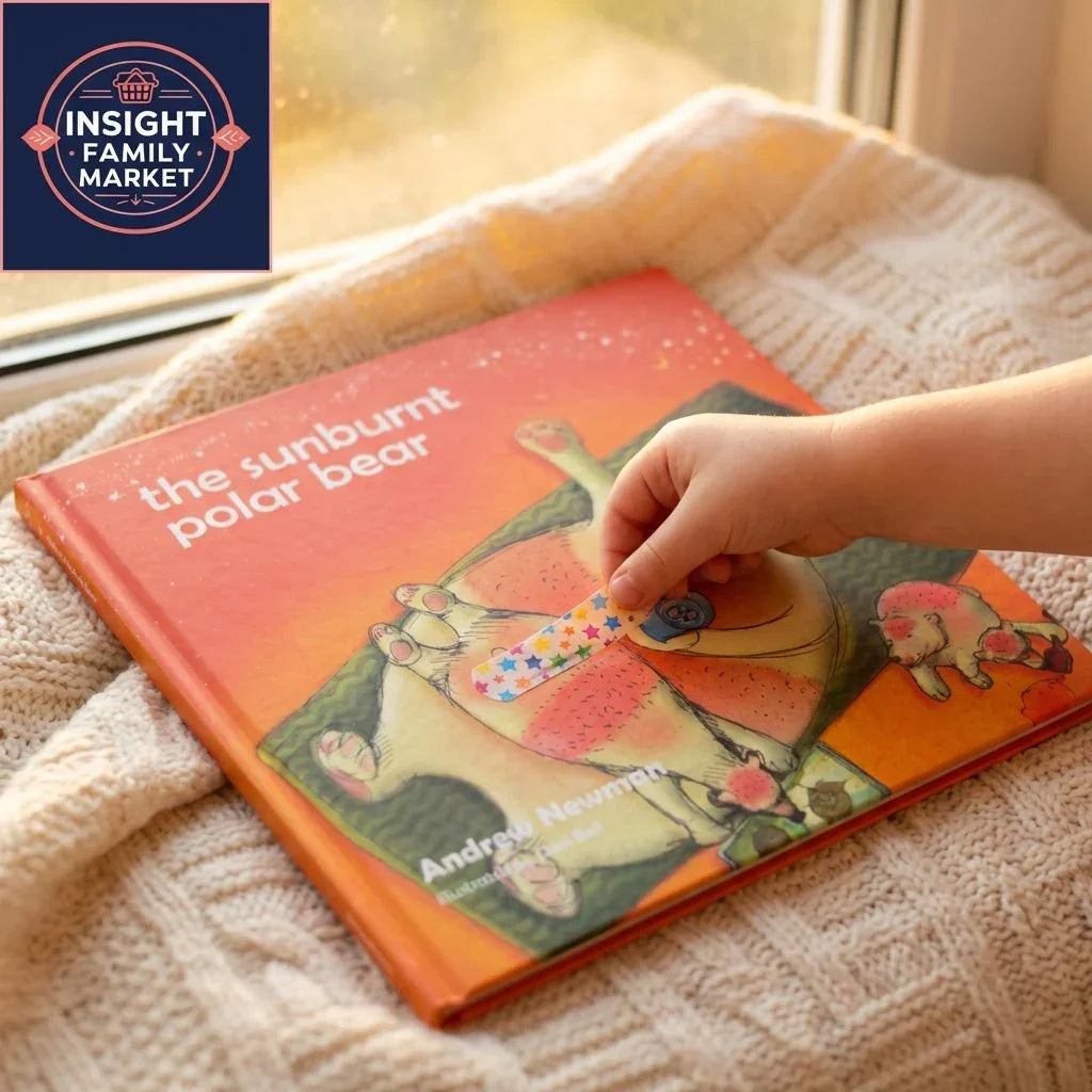 Child placing a star-patterned bandaid on 'The Sunburnt Polar Bear' book cover by a window.