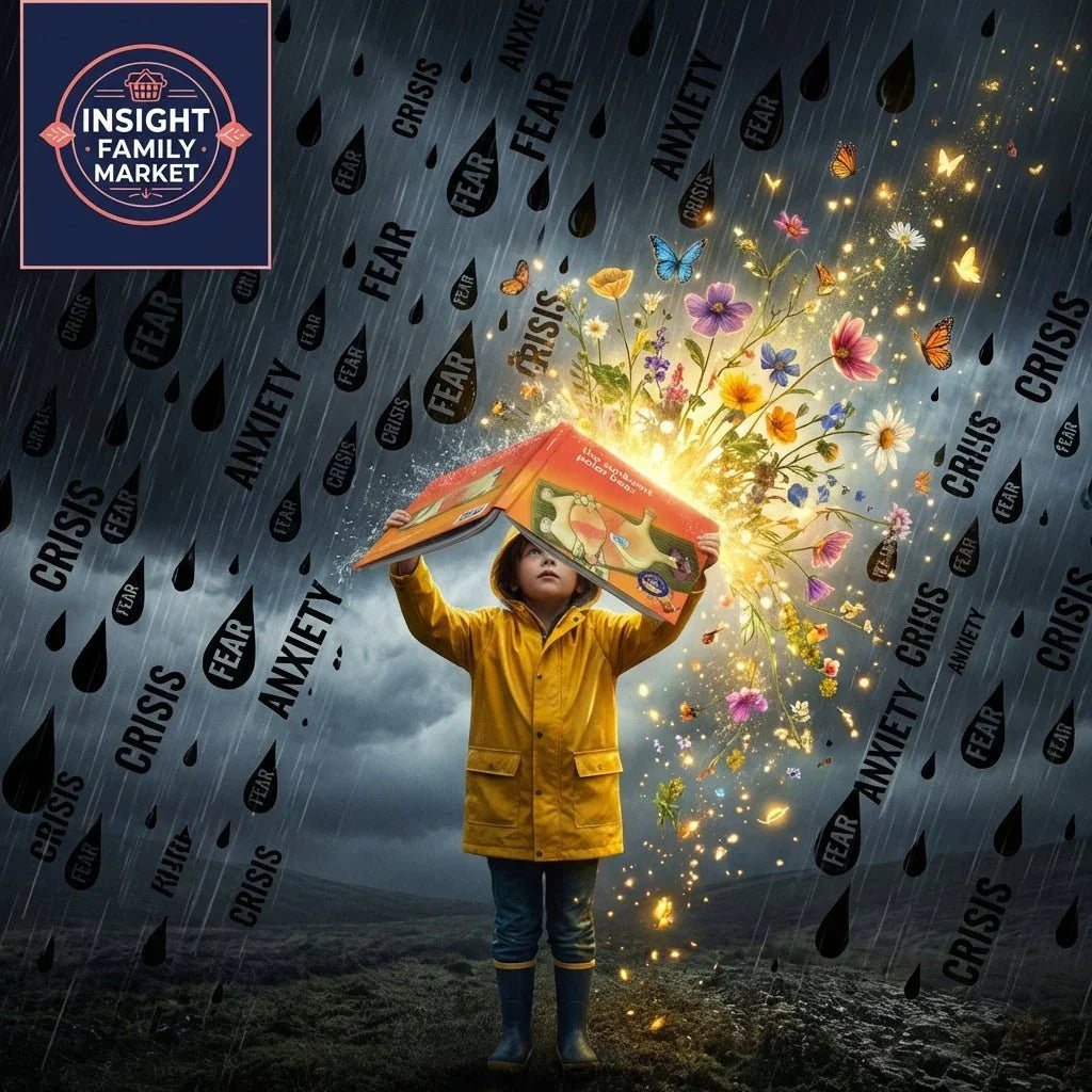 Child in yellow raincoat holds book as umbrella, transforming dark rain with words like anxiety and fear into colorful flowers and butterflies, symbolizing resilience and positive growth.
