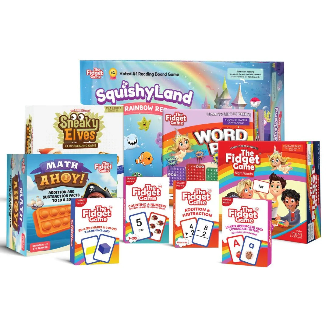 Colorful educational games bundle for kids with math, reading, and fidget card games