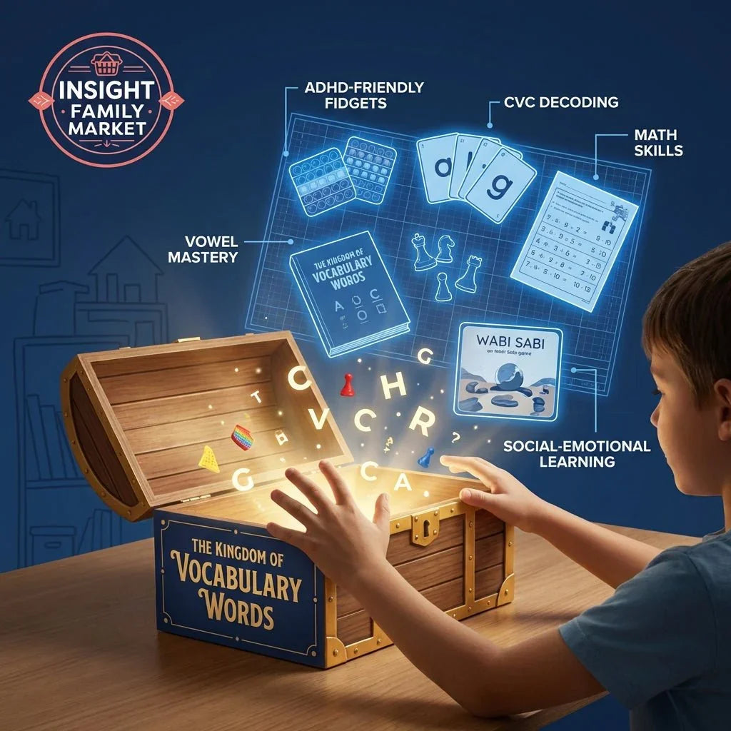 Child opening wooden box with glowing letters, learning tools for ADHD, vocabulary, math, and emotional skills.