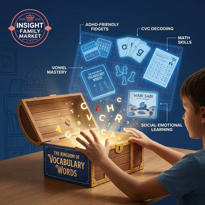 Child opening wooden box with glowing letters, learning tools for ADHD, vocabulary, math, and emotional skills.