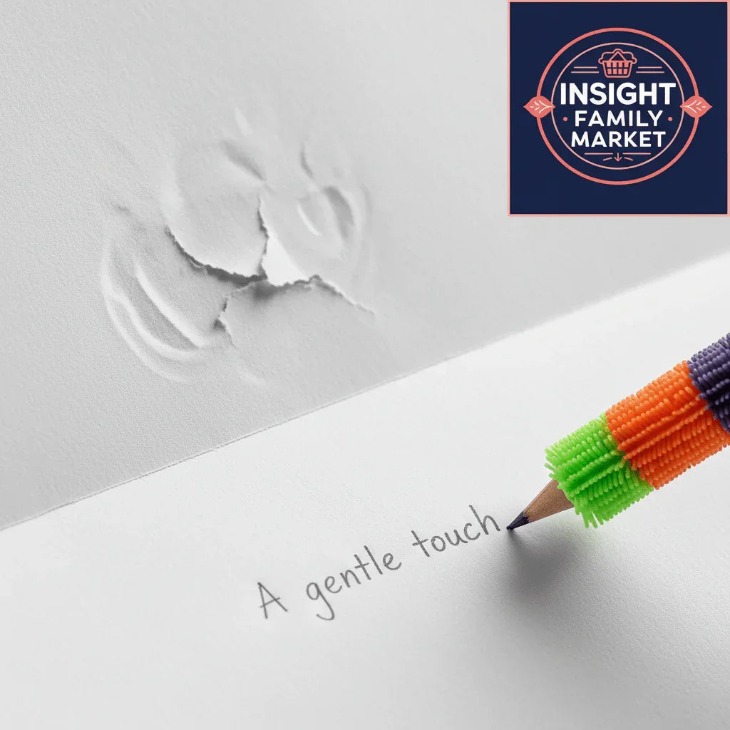 Colorful textured pencil writing 'A gentle touch' on white paper, sensory-friendly tool for neurodiverse kids.