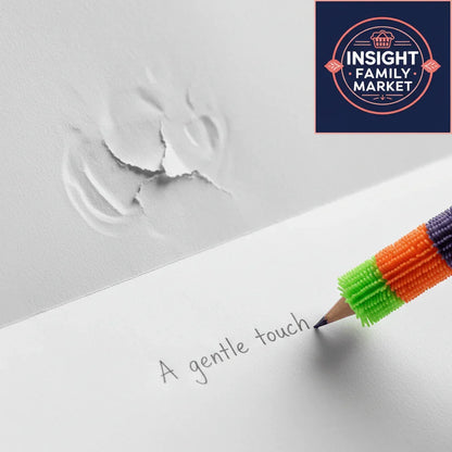 Colorful textured pencil writing 'A gentle touch' on white paper, sensory-friendly tool for neurodiverse kids.