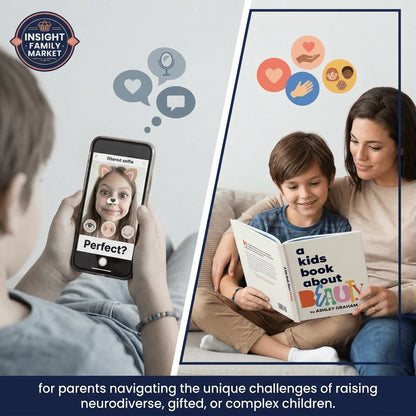 Child holding a phone with a filtered selfie and 'Perfect?' text; mom and son reading 'A Kids Book About Beauty,' highlighting parent support for neurodiverse and gifted children.