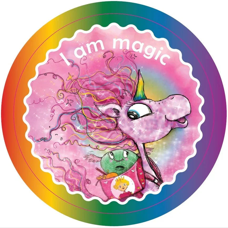 Round sticker with a colorful unicorn, rainbow mane, and "I am magic" text on pink background