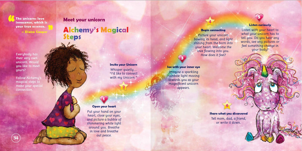 Illustrated book page with a girl and unicorn on a pink background