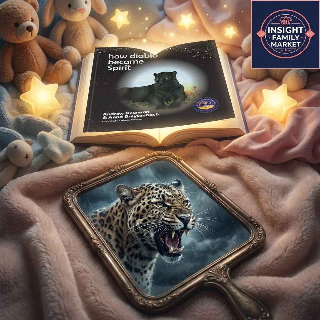 Children's bedtime scene with plush toys, glowing stars, a book about a panther, and a framed picture of a snarling leopard on a soft blanket.