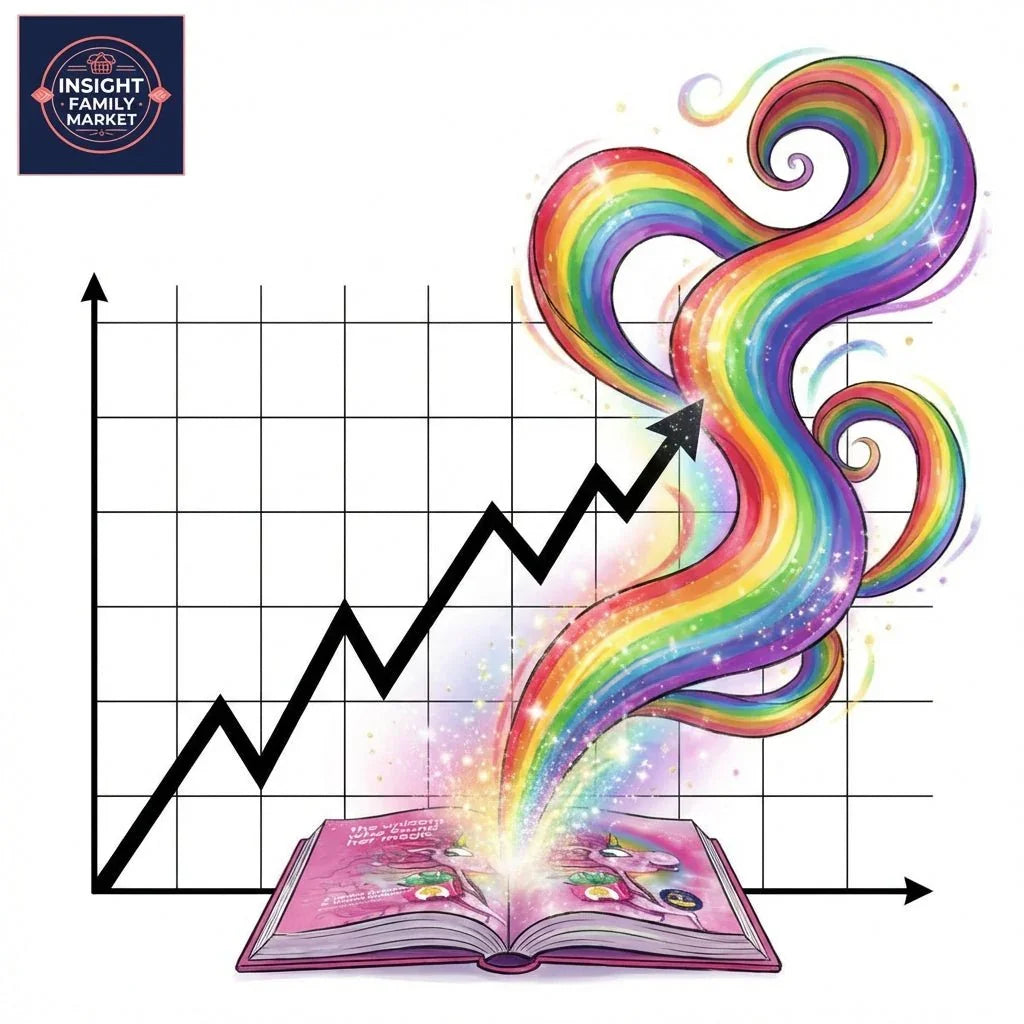 Open book with rainbow stream and sparkles rising, overlayed on a growing graph chart