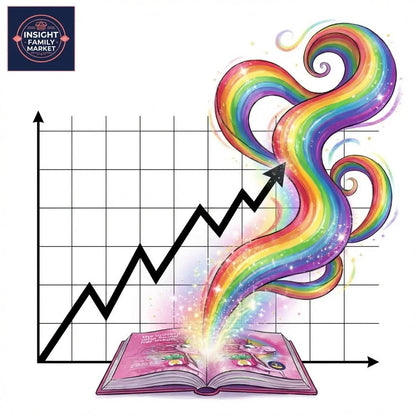 Open book with rainbow stream and sparkles rising, overlayed on a growing graph chart
