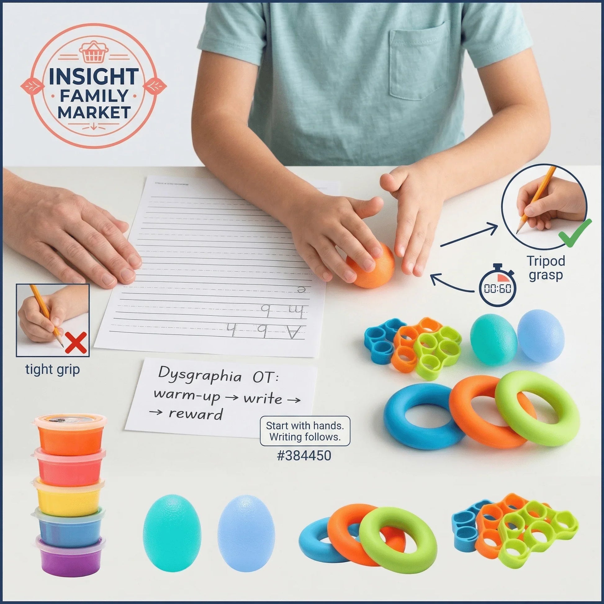 Child using sensory hand therapy tools for handwriting practice and fine motor skill support.