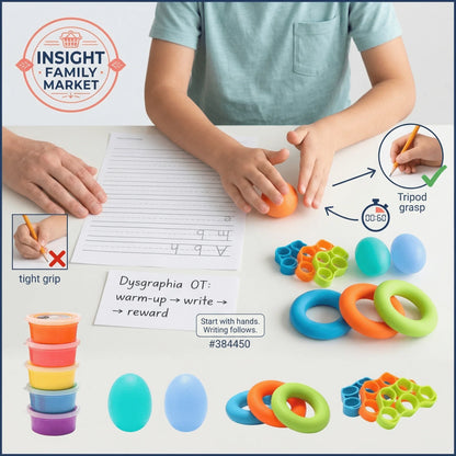 Child using sensory hand therapy tools for handwriting practice and fine motor skill support.