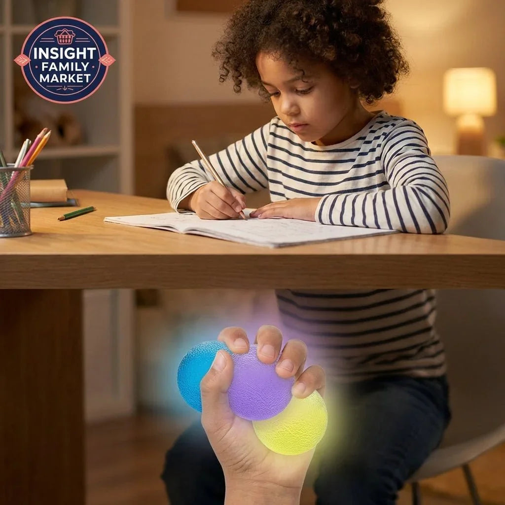 Child doing homework at desk with sensory stress balls for focus and calm learning support