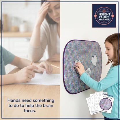 Child using colorful sensory wall panel for focus support, with bonus sensory cards displayed