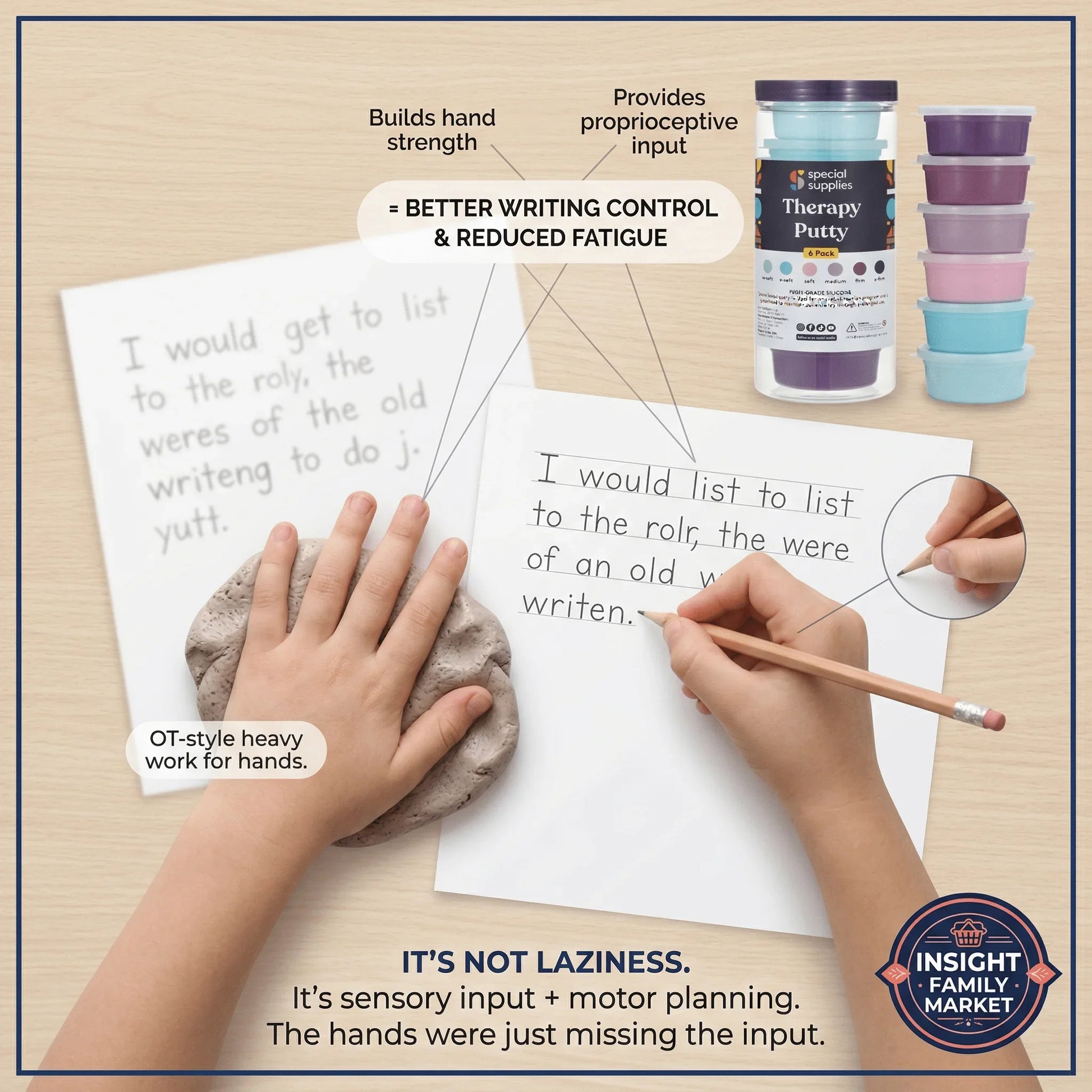 Child using therapy putty for hand strength and improved handwriting with writing practice sheet and sensory putty packs visible.