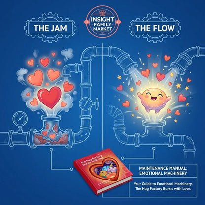 Illustration of joyful emotional flow for children, with smiling heart, colorful pipes, and a kids' book on emotional wellness.
