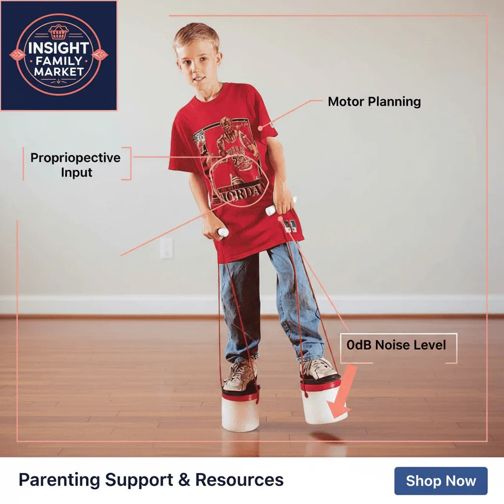 Child practicing motor planning and proprioceptive input with sensory walking cups indoors