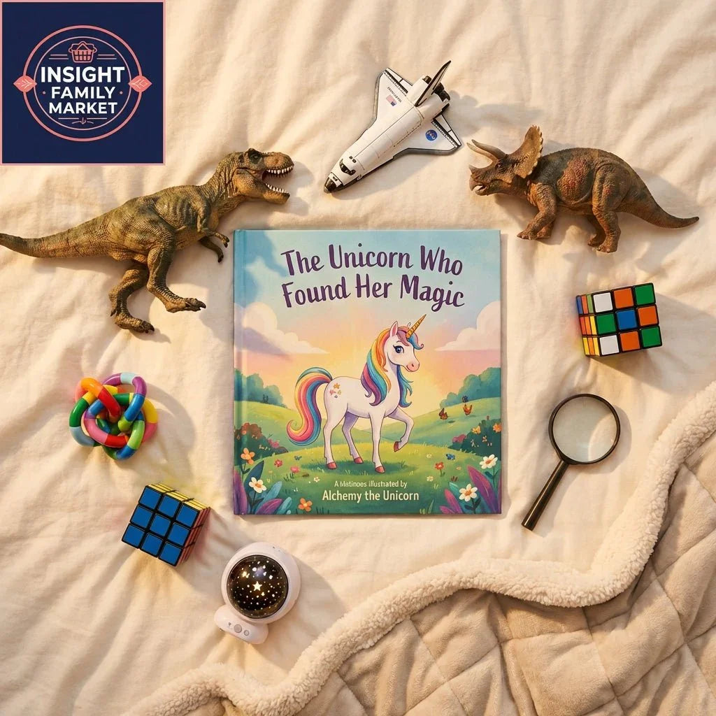 Children’s book with unicorn, dinosaur toys, space shuttle, sensory toys, Rubik’s cubes, and magnifying glass on a blanket